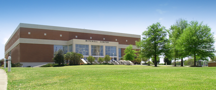 mitchell center entrance from across the lawn on north side