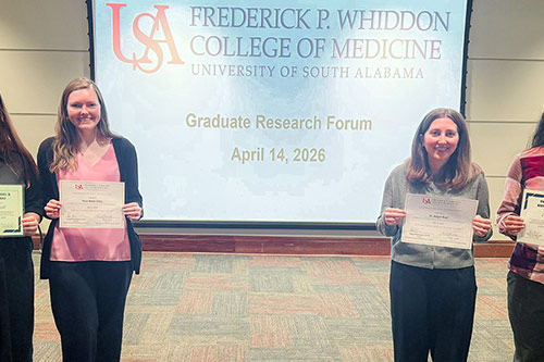 Winners of the Graduate Research Forum, from left, are Brianna Mitchell, Sarah Macon-Foley, Abigail Boyd, Ph.D., and Nairuti Bhatt.