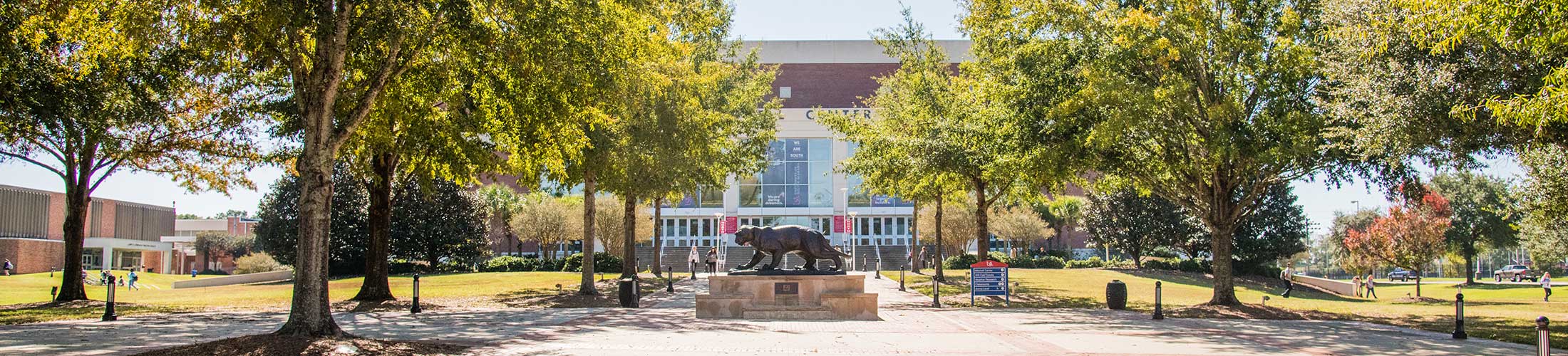 Jaguar statue in front of Mitchell Center.