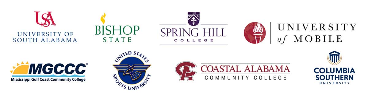 logos for CoTL partner schools (USA, Bishop State, Spring Hill College, University of Mobile, Mississippi Gulf Coast, US Sports Academy, Coastal Alabama, and Columbia Southern)