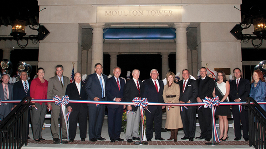 Participating in the 2010 ribbon-cutting at Moulton Tower and Alumni Plaza are, from left, trustees Dr. Steven P. Furr, E. Thomas Corcoran, Christie D. Miree, John M. Peek, Donald L. Langham and Bryant Mixon; U.S. Rep. Jo Bonner; Jim Yance, trustee chairman pro tempore; President Gordon Moulton; Geri Moulton; Dr. Joseph F. Busta Jr., vice president for development and alumni relations; the Rev. Thomas Heard, St. John’s Episcopal Church; Kimberly N. Proctor, Student Government Association president; Dr. Jim Connors, Faculty Senate president; and Alexis Atkins, USA National Alumni Association president.