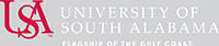 USA Red and White Logo with the words University of South Alabama and Flagship of the Gulf Coast to the left of logo