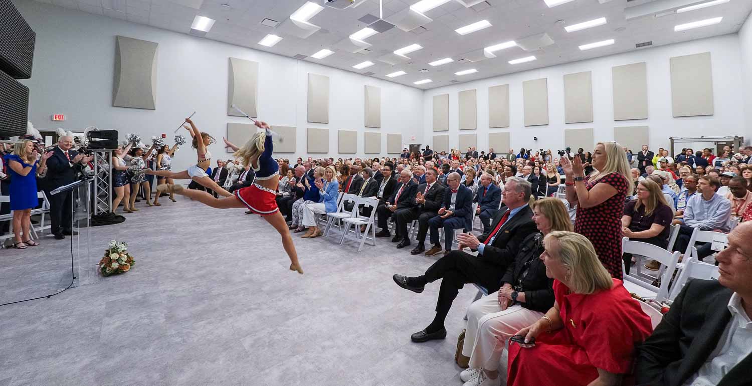Dedication of the Geri and Gordon Moulton Jaguar Marching Band Complex with the band performing. 