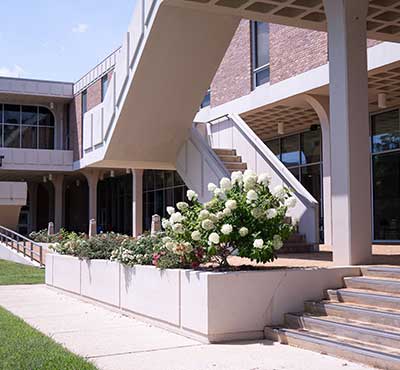 Backside of Student Center showing flowers.